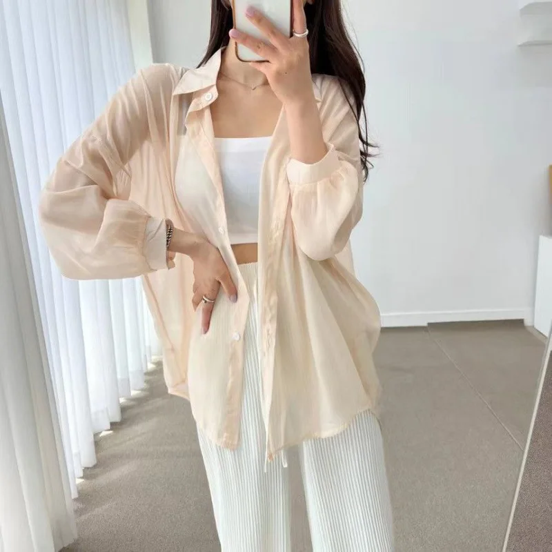 White pearlescent sunscreen shirt women's thin see-through outerwear summer new design chiffon shirt on clothes