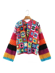 YENKYE New Fall Women Multicolor Plaid Flower Hand Made Crochet Cardigan Coat Single Button Female Boho Crop Sweater Outerwear