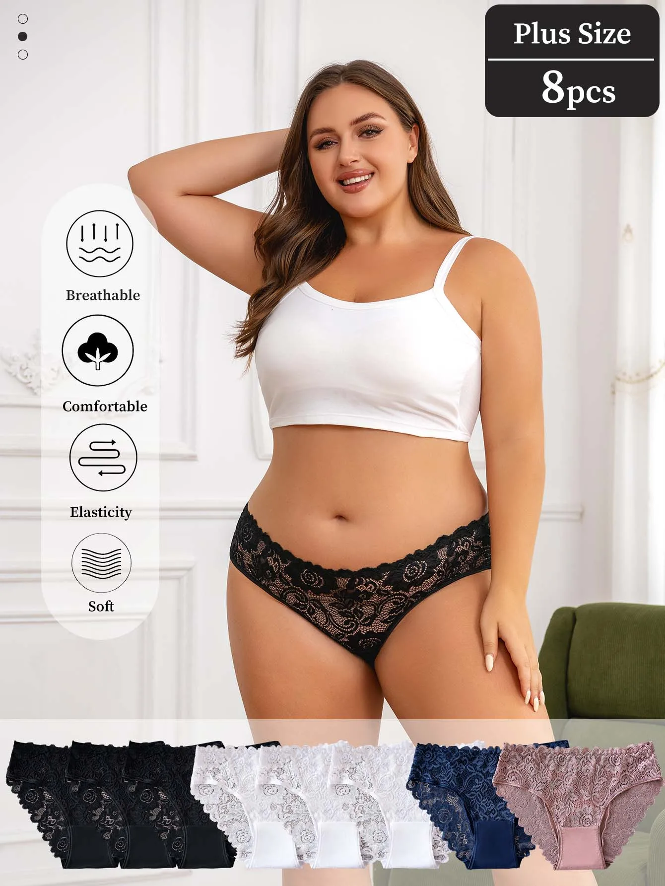 8‑Pcs Ladies Plus‑Size Lace Underwear,High Elastic Breathable Soft Briefs,Delicate Floral Lace Edge Mid‑Rise Panties f