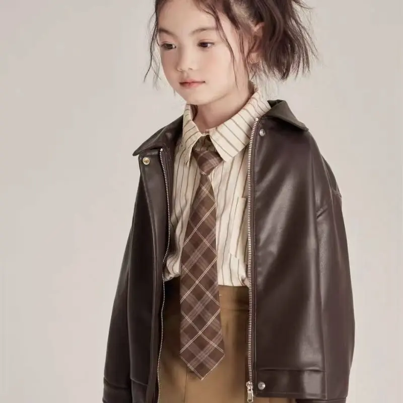 Girls Suits 2024 Autumn New Girls Coffee Color Striped Shirt Khaki Half Skirt Foreign Leather Coat Three-piece Set Clothes Suits