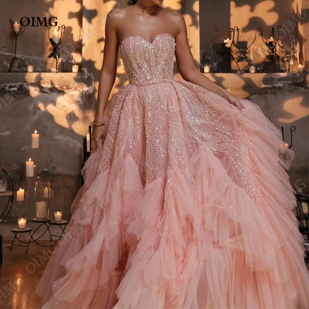 

OIMG Exquisite Pretty Tulle Prom Dresses Sweetheart Ruffles Beading Sequined Evening Party Dresses Luxury Long Prom Gown