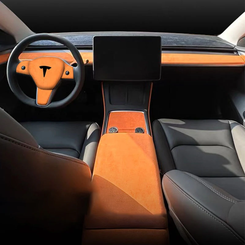 

For Tesla Model 3，Model Y 2018-2023，Alcantara Overlay Interior Accessories Armrest Box Lid Water Cup Panel Window Lifter Frame