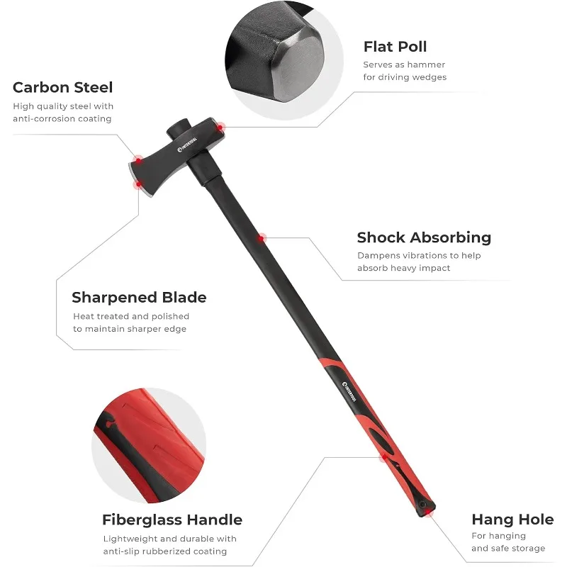 36-inch Splitting Maul, 6 lb / 2500 g, Shock Absorbing Fiberglass Anti-Slip Handle with Blade Cover HT-0273