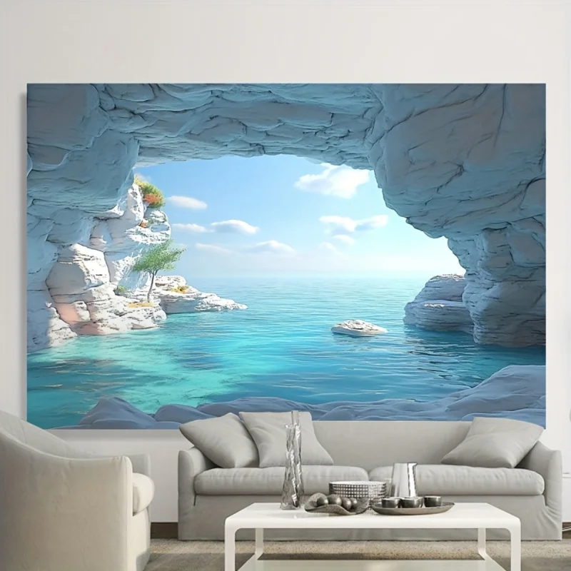 Turquoise Ocean Cave Tapestry - Machine Washable Summer Sea View Wall Hanging Indoor/Outdoor Wall Decoration
