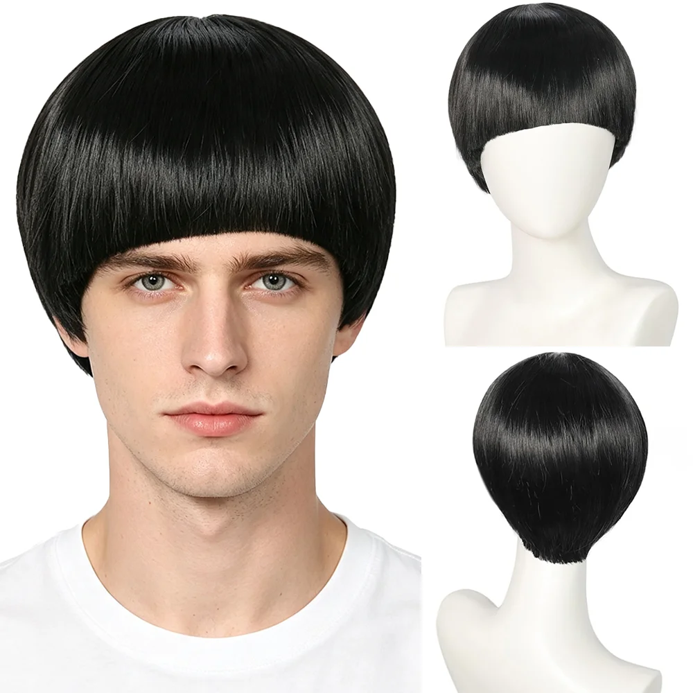 Men Short Straight Wig Mushroom Cut Bowl Cut With Bangs Natural Heat Resistant Synthetic Hair For Daily Halloween Cosplay Party