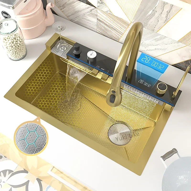 304 Stainless Steel Kitchen Waterfall Sink Digital Display Large Single Sink Dish Basin Sink With Multifunction Touch Waterfall
