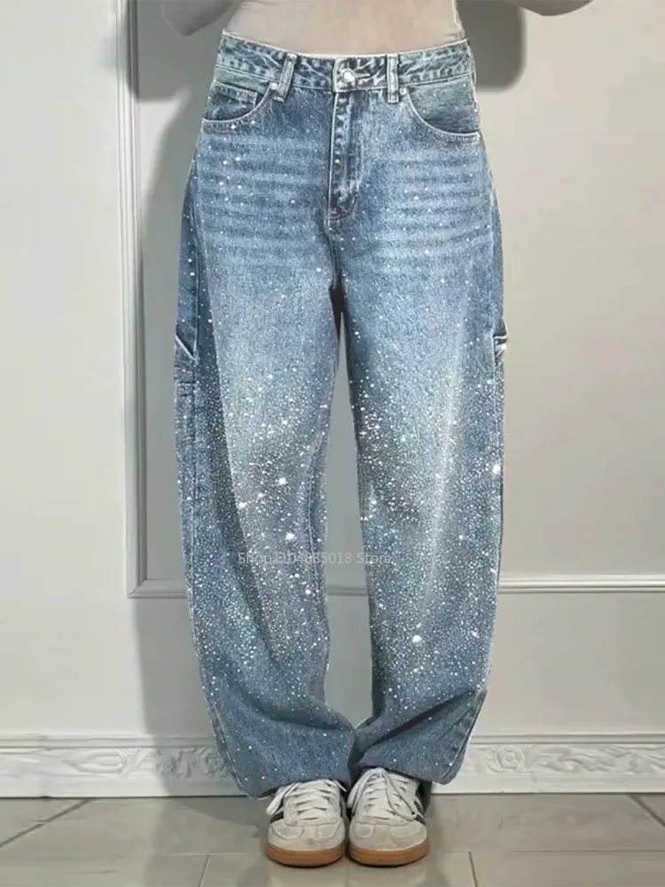 

Shiny Rhinestone Baggy Women's Wide Leg Jeans Full Diamond Wide Leg Dragging Denim Pants Vintage Washed Pants Casual Trousers