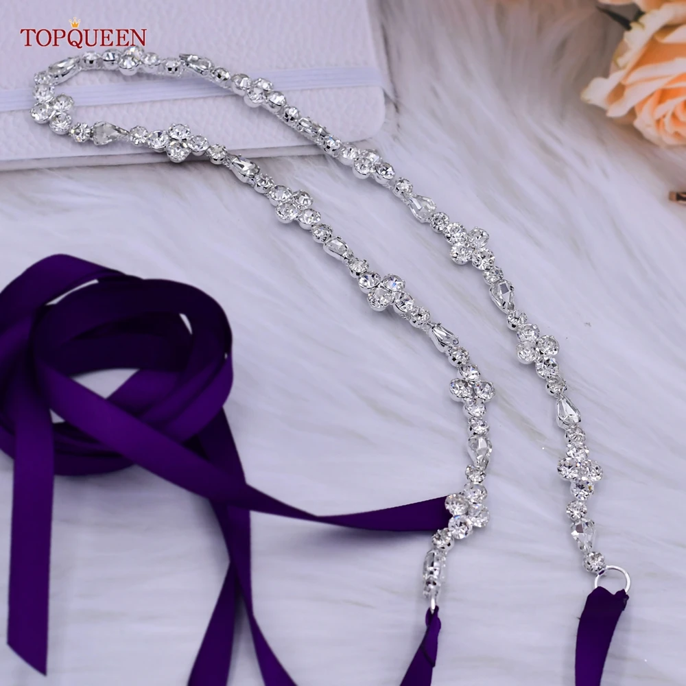 TOPQUEEN-Cinturón de novia fino S305 para mujer, faja para vestidos de fiesta con diamantes de imitación, cinta de Organza, accesorios de boda para dama de honor, faja para niña