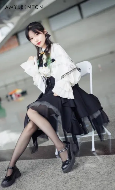 

Spring and Autumn New Halloween Gothic Style White Lantern Sleeve Shirt Waist-Cinching Black Half Skirt Bowknot Shawl Bustle Set