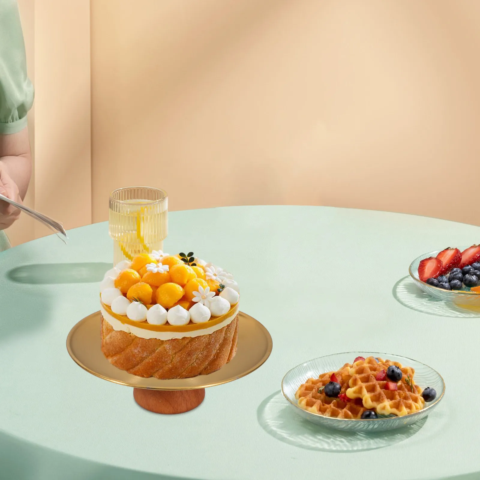 Stainless Steel and Wood Footed Fruit Tray Round Elevated Dessert Serving Tray for Kitchen Counter Home Decor Modern Elegant