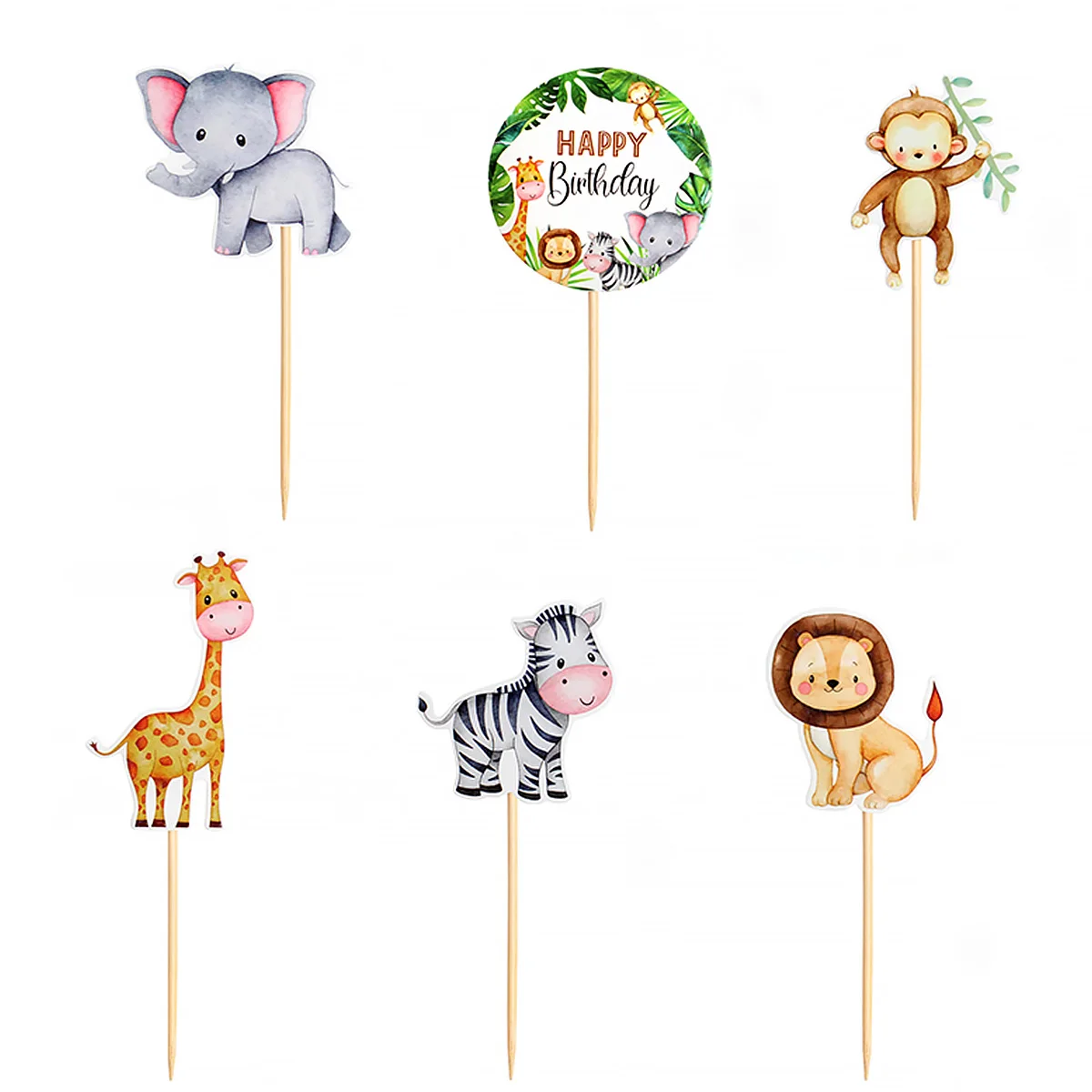 Wild Amimal Cake Topper Cute Forest Safari Jungle Cartoon Animal Happy Birthday Cake Decoration Woodland Wild One Party Supplies