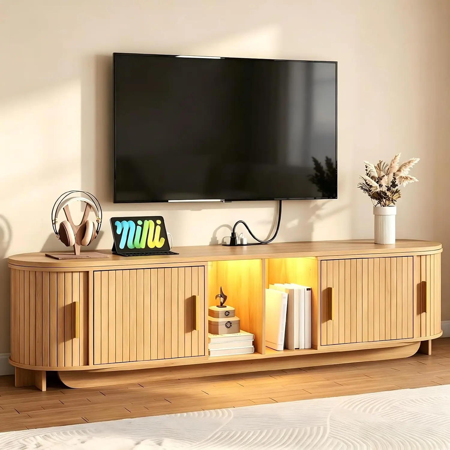 Fluted TV Stand with Power Outlet & LED Lights, Extendable Entertainment Center 2 Sling Doors 70