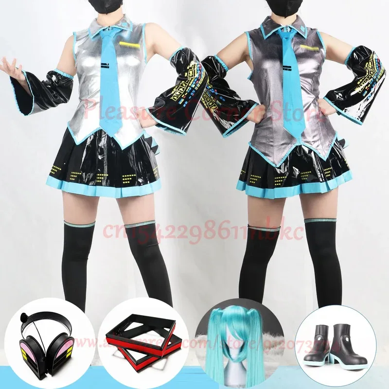 Miku Cosplay Komplettset Silbergrau Lackleder Stoff Anzug Miku Cosplay Schuhe Kopfbedeckung Kostüm Outfit JK Uniform Cosplay