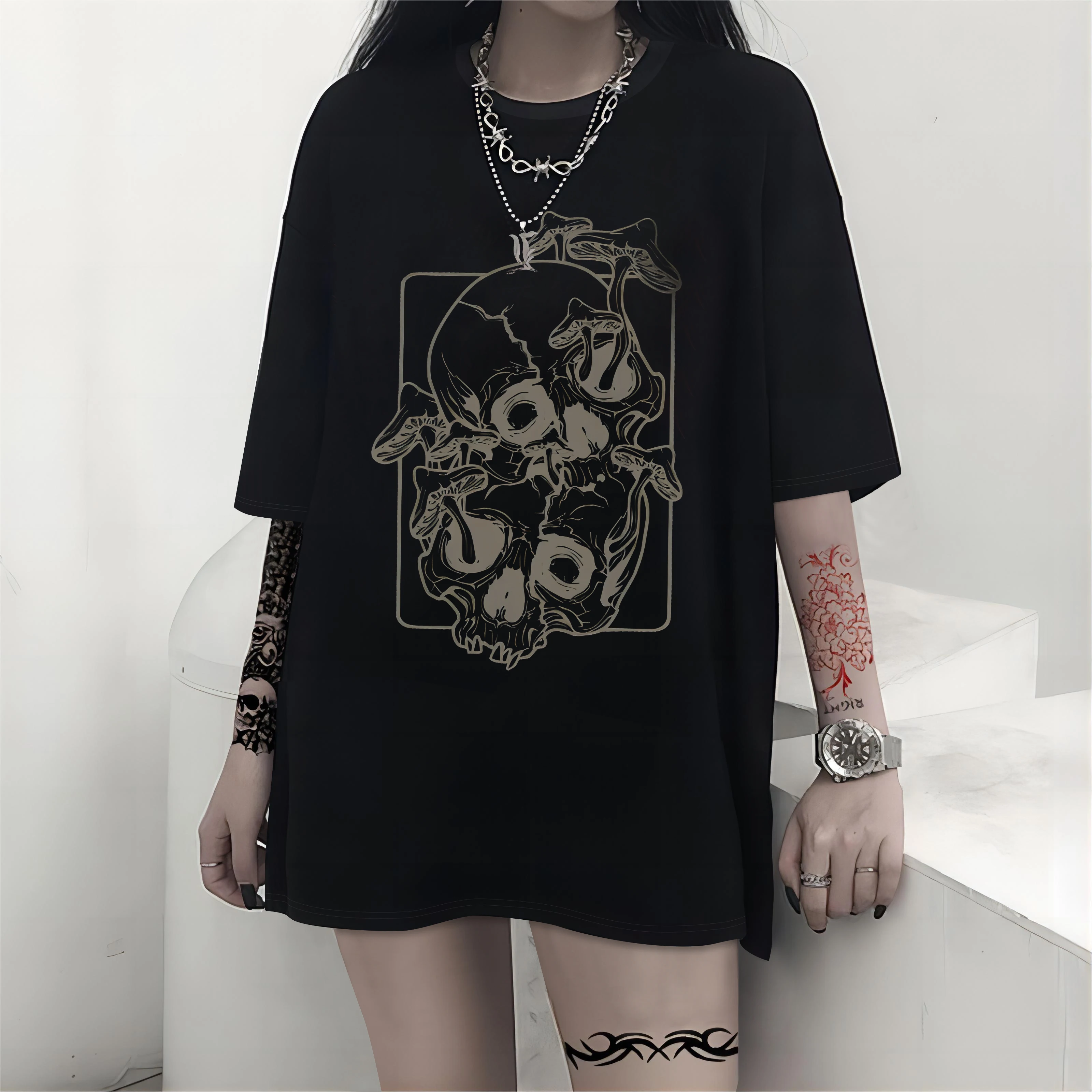 Gothic mushroom skull Design Graphic Oversize T-Shirt