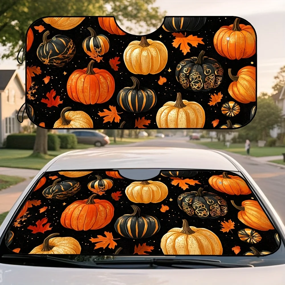 1pc, Autumn Pumpkin Harvest Illustration Pattern Sun Shade For Car Windshield, Foldable Sun Shield, Compact And Convenient For D