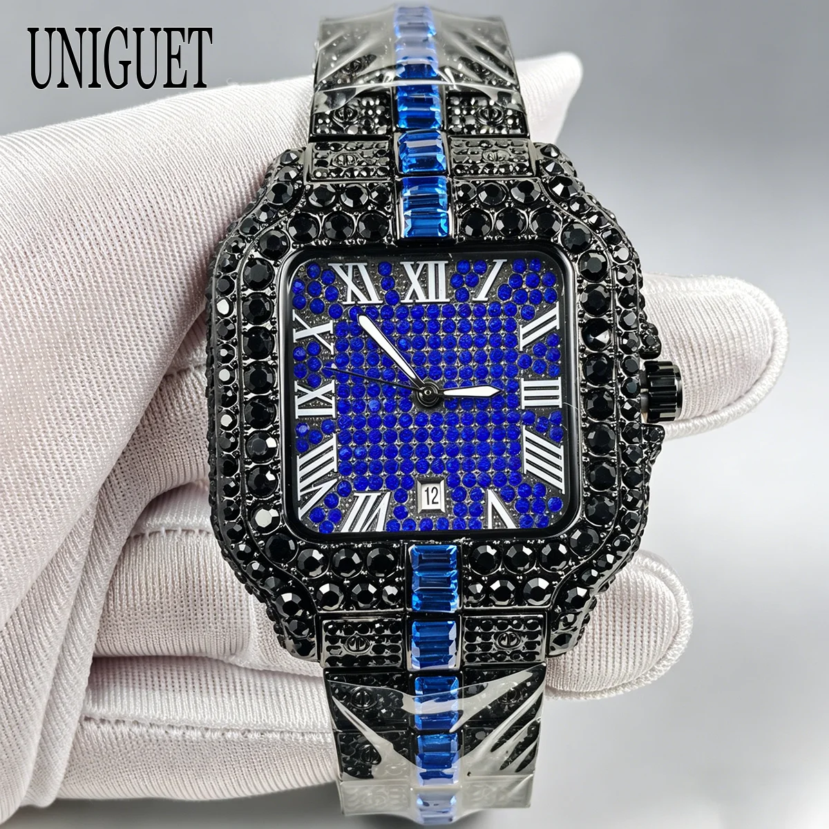 \UNIGUET Cool Black Watches Men Hip Hop Green Diamond Quartz Wristwatch Fashion Roman Numerals Square Jewelry Clocks Man