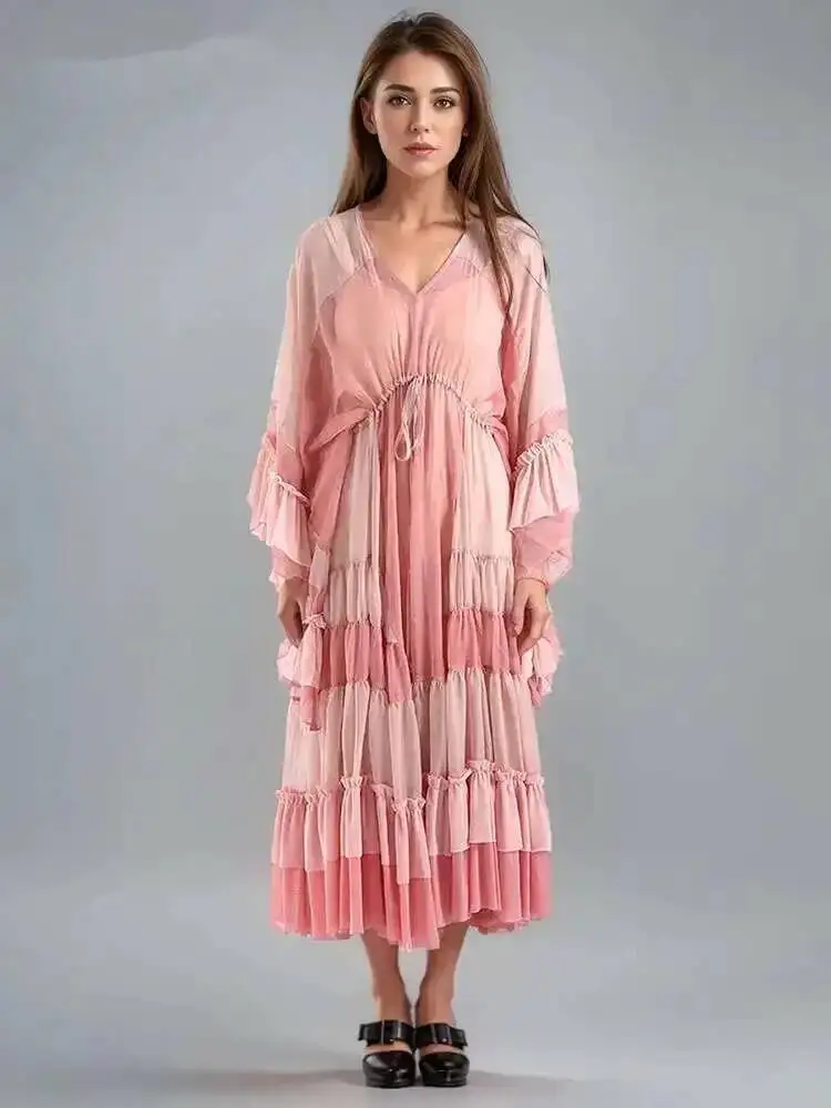 

Модное женское платье в стиле пэчворк контрастного цвета с V-образным вырезом, свободное, с длинными рукавами, на шнурке, длиной до щиколотки, летнее, новинка