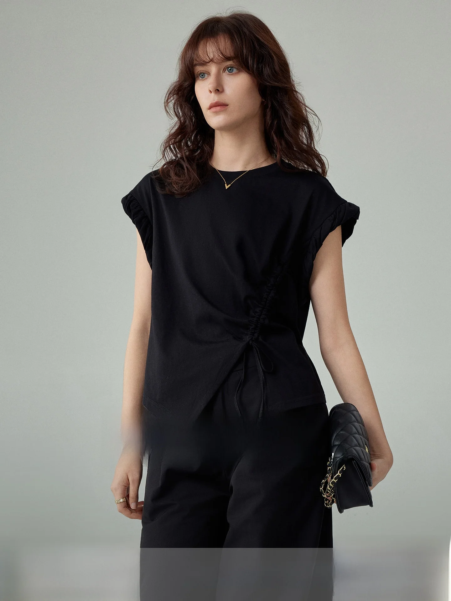 

Yoka Home Summer Black Sleeveless T-Shirt Женская футболка без рукавов в стиле Commuter, утягивающий топ во французском стиле с круглым вырезом, другой материал, 100% хлопок