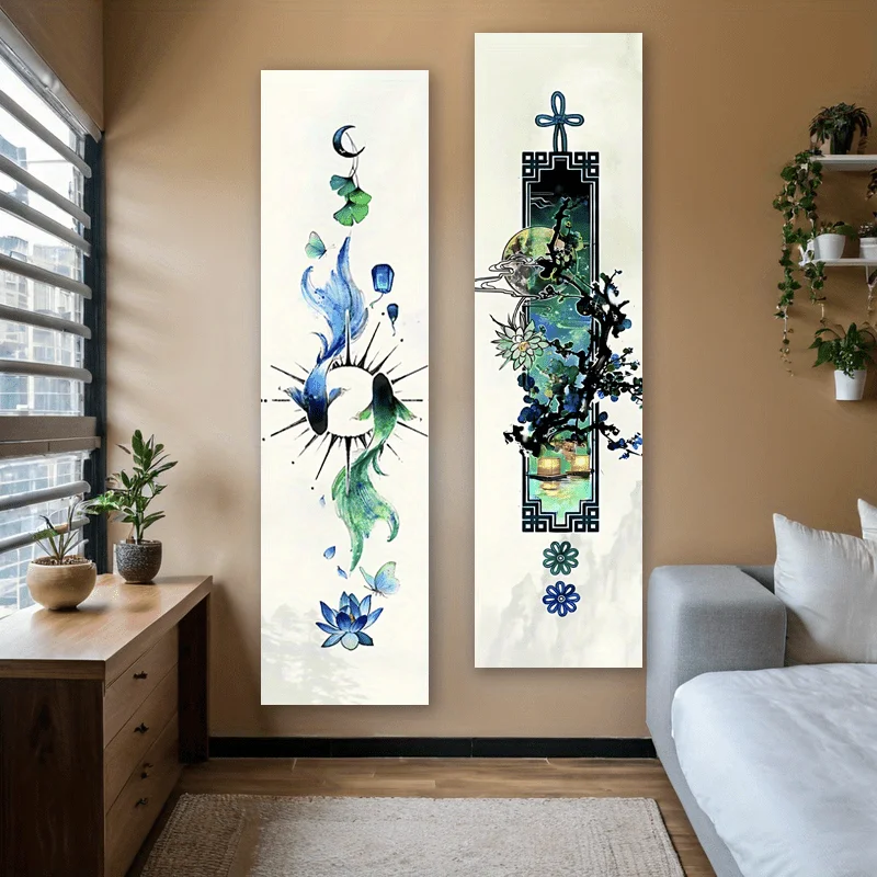 Vertikaler Wandteppich mit orientalischer Kunst, verträumte Mondlichtlandschaft, langer, schmaler Wandbehang mit Fischen und Lotus