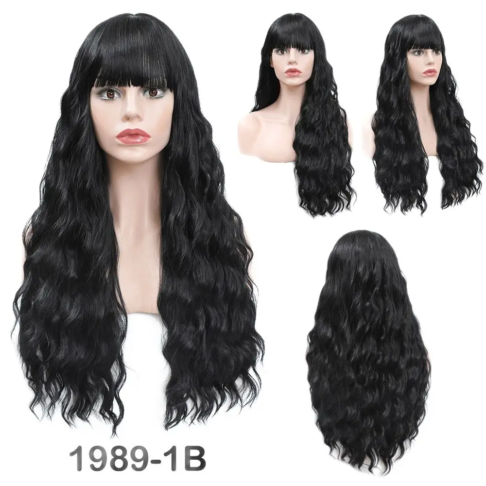 

Long Curly Wig with Bangs Natural Black Synthetic Wigs Daily Party Cosplay Wig for Women Heat Resistant Fiber Hair