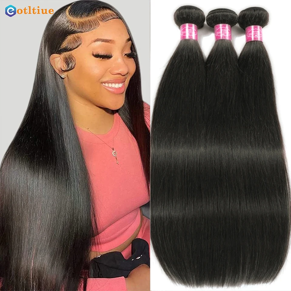 

12A Straight Hair Bundles Raw Brazilian Human Hair Extensions For Black Women Natural Color 3/4 Bundles Remy Hair Long 30 Inches