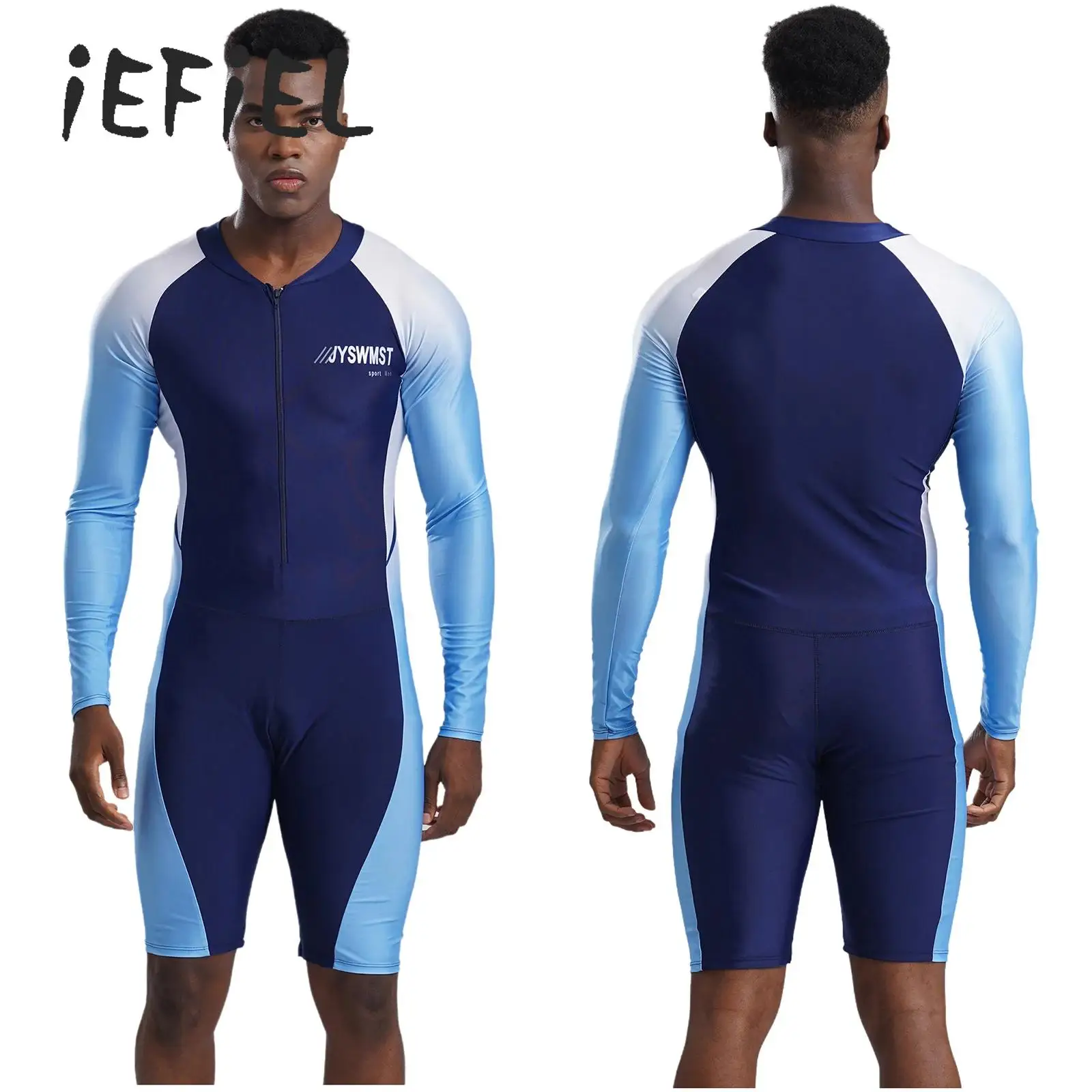 

Mens One Piece Swimsuit Swimwear Long Sleeve Front Zipper Rash Guard Swimming Suit Color Contrast Surfing Wetsuit Bathing Suit