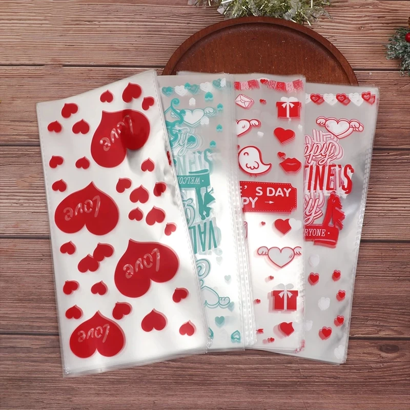 367A 50 Pcs Valentine Cellophane Bags Cookie Treat Bag Heart Clear Plastic Candy Bags Party Favor Gifts Goodies Bags for Gift