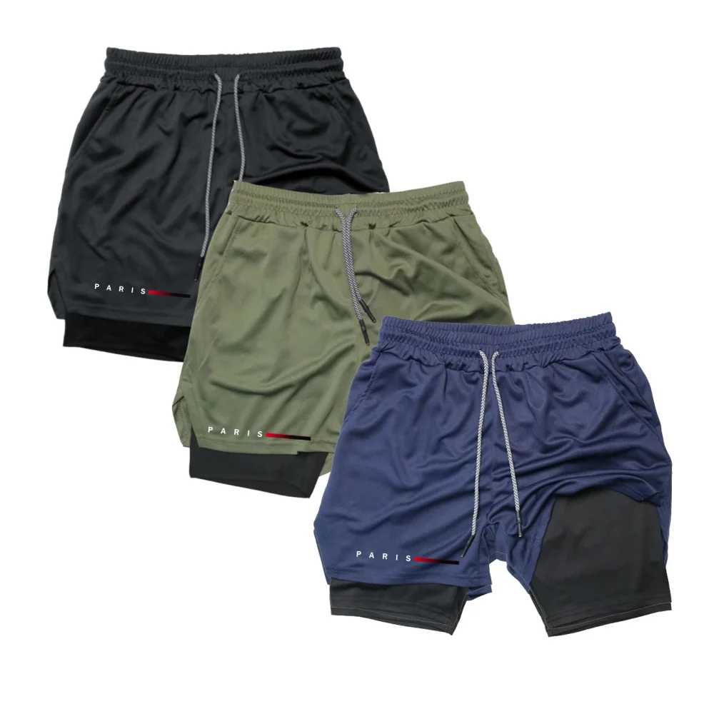 

Мужские эластичные обтягивающие шорты Pari для бега и спорта, 2-в-1, для тренировок, фитнеса, джоггинга, летние, брендовые