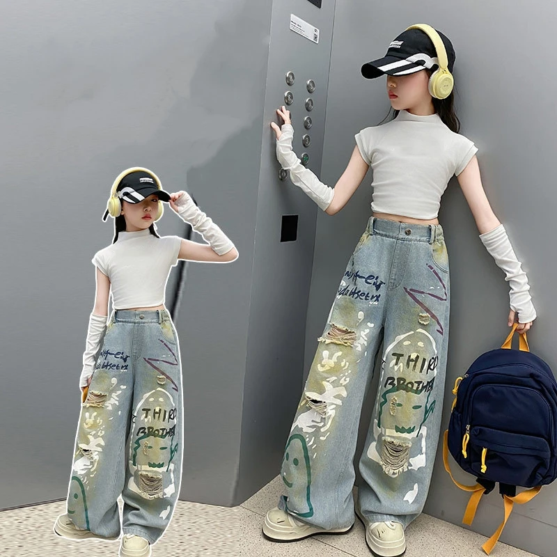 Teenage Girl Graffiti Ripped Hole Jeans Spring and Autumn Children's American Street Painting Straight Tube Loose Wide Leg Pants