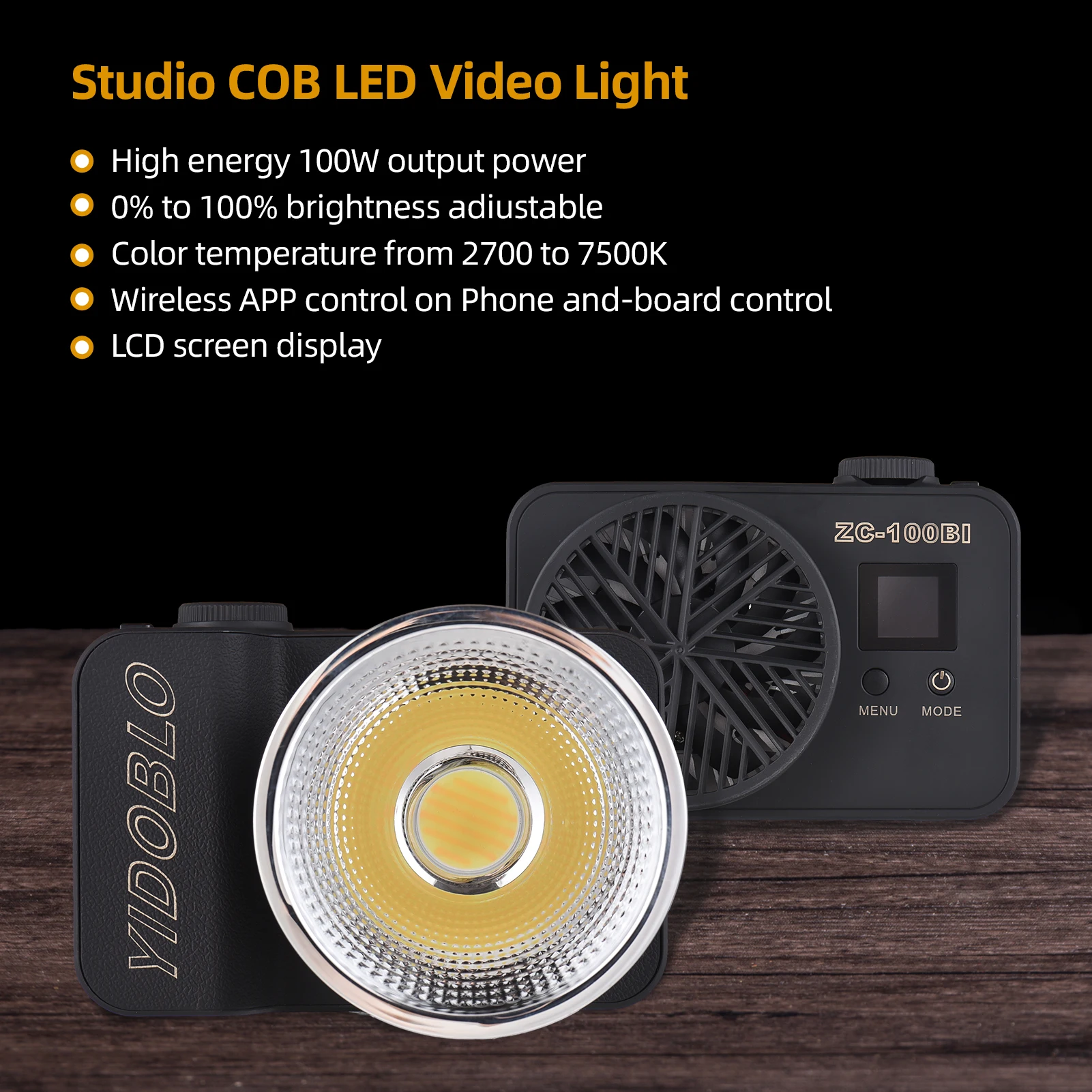 YIDOBLO Mini Bi-Color LED Video Light 100W COB Photography Light 2700K-7500K Dimmable 10 FX Effects APP Control with Reflector