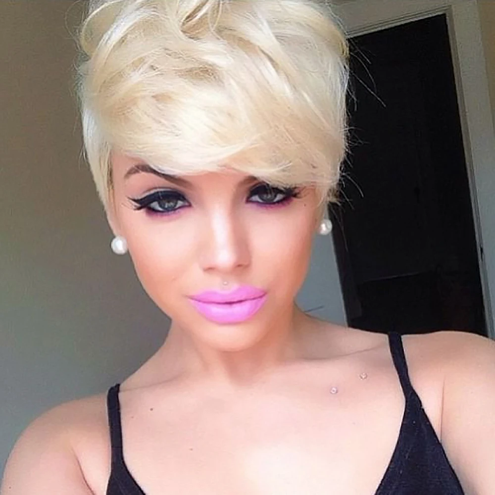 Wig Bob Pendek Rambut Asli 613 Pirang Lurus dengan Poni Pre Plucked Wig Pixie Cut Berlayer Topi Buatan Mesin Penuh untuk Wanita