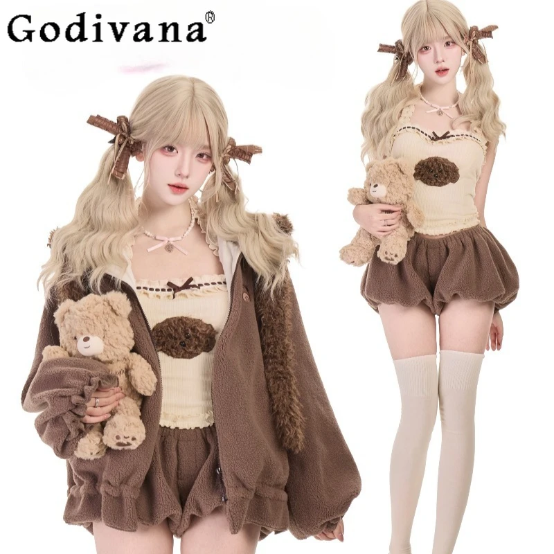 الإناث اليابانية نمط لوليتا وتتسابق محبوك بروتيل أفخم السراويل أفخم سترة مع بروش ثلاث قطع مجموعة النساء الدعاوى الحلو