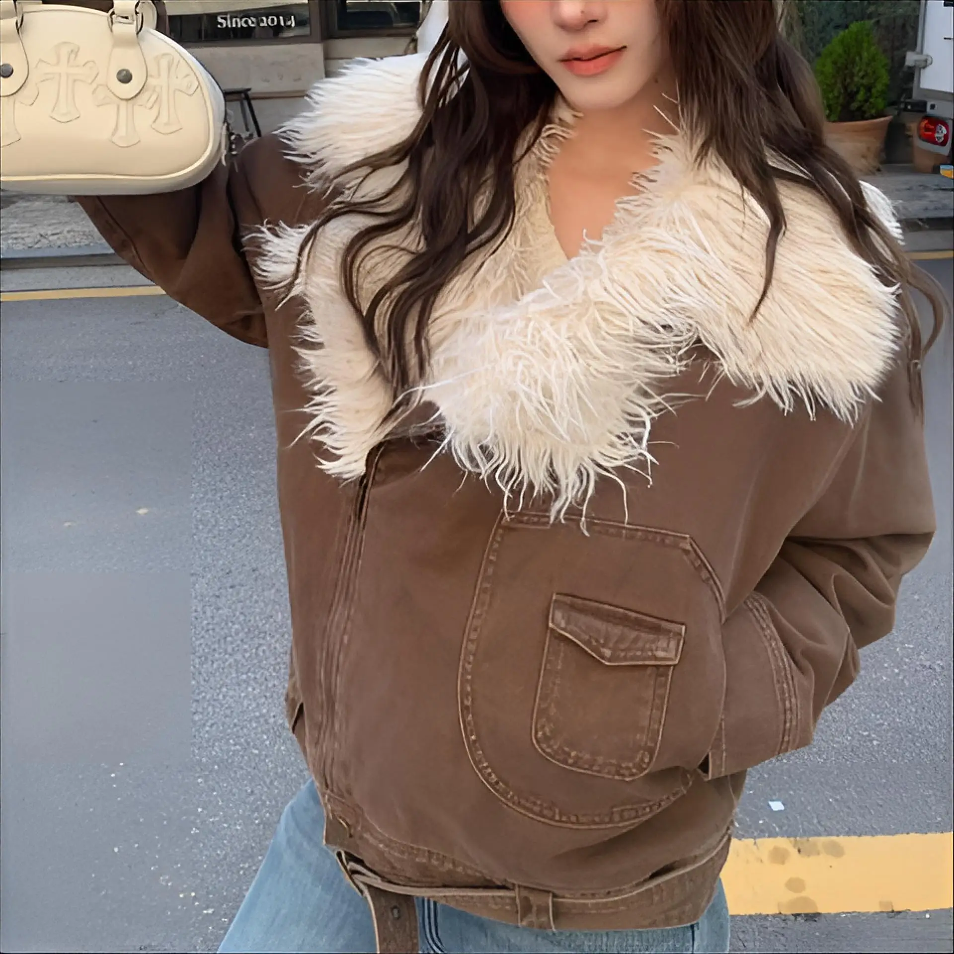 

Denim Coats With Rhinestone Woman Fur Plush Womens Autumn Fitted Velvet Padded Standneck Outcoats Minimalism Professional Jacket