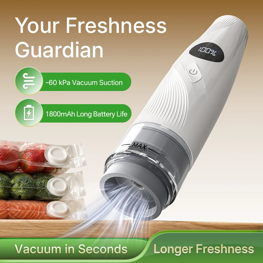 HoldPeak Handheld Vacuum Sealer Cordless Rechargeable, 60kPa Suction, One-Touch Auto Stop for Food Storage, Meat, Fish & Produce