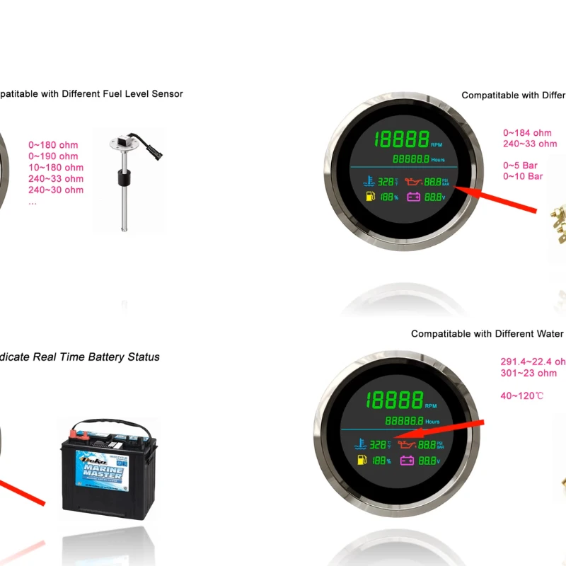 85mm LCD Multi function Gauge with Tachometer Hour Meter Water Temperature Oil Pressure Fuel Gauge Voltmeter for Boat Motorcycle