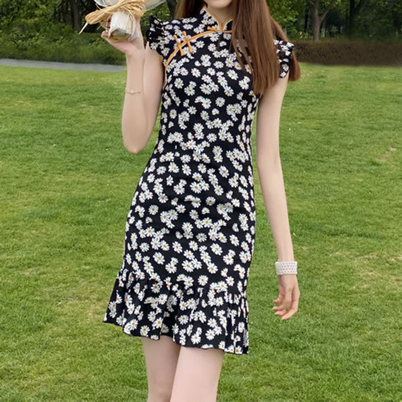 

cheongsam short section small sexy young girl style small daisy floral dress female vintage bandage dress Embroidery