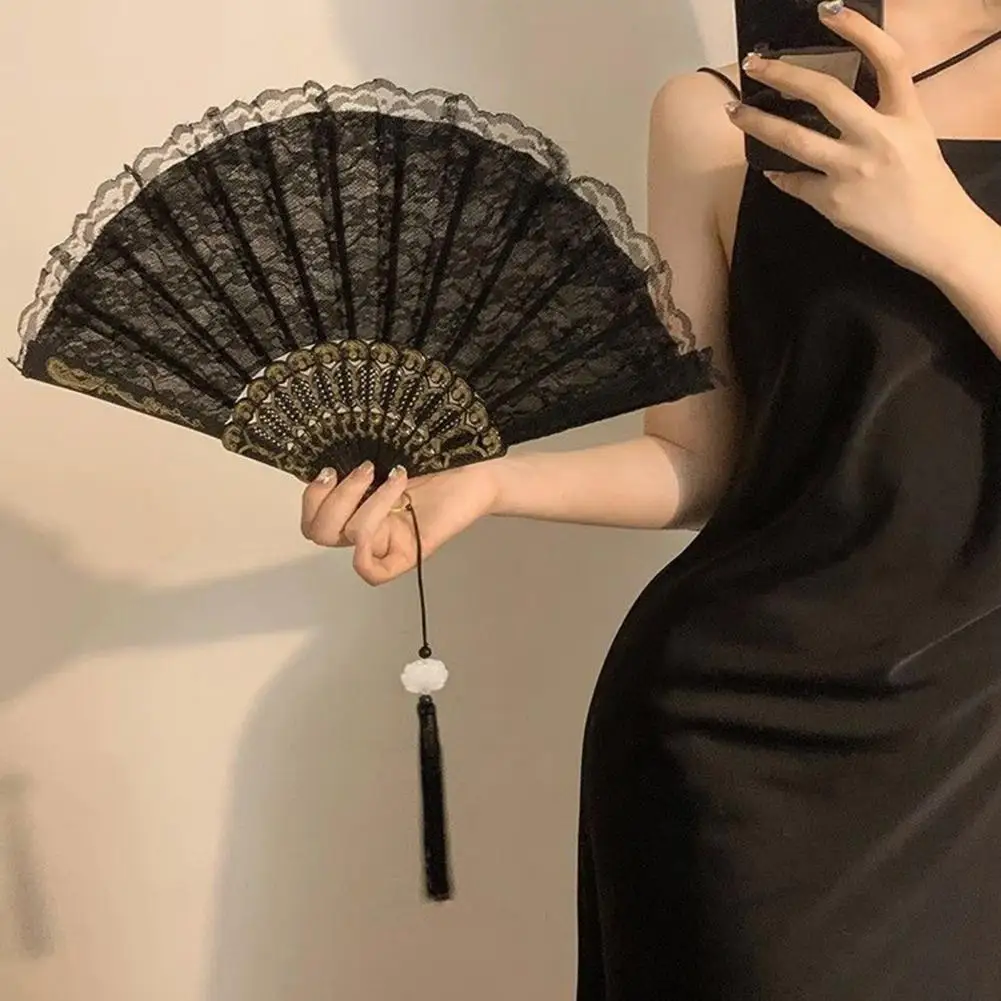 Vintage Lace Folding Fan with Tassel Summer Lolita Black White Hand Held Fan Dance Performance Photo Props Costume Accessories