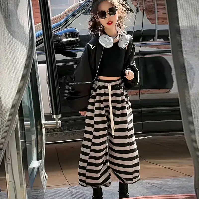 Girls' suit autumn 2024 new  fashionable  autumn middle-aged older children's jacket striped pants casual two-piece set