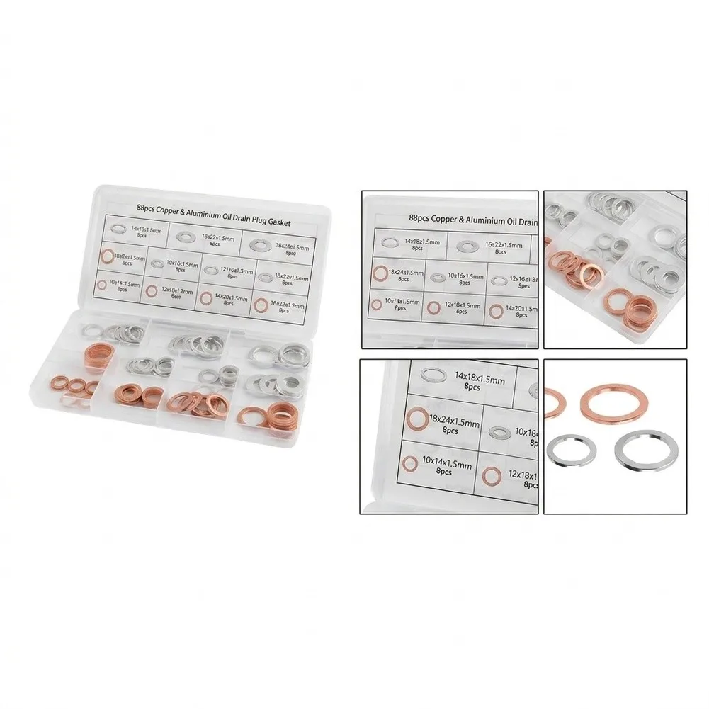88PCS Oil Crush Washer Kit 11 Sizes Of Car Oil Drain Gasket Kit For Sealing Flat Ring Seal Spacer O Ring Gasket Shim Pad