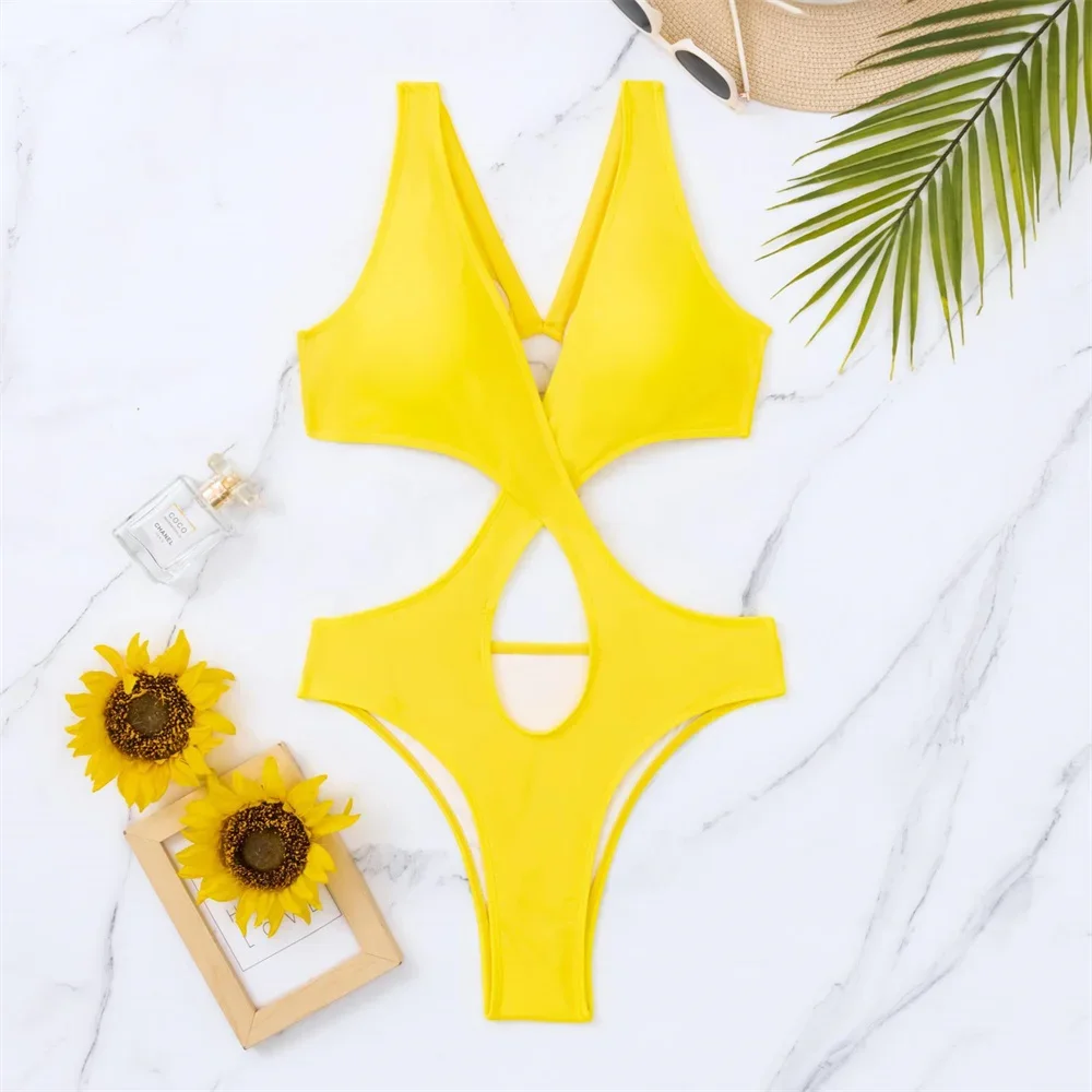 Sexy Rings Bandage Backless Bikini Deep-V Cut Out Swimsuit Extrem Monokini Y2K Swimwear Women One-Piece Beach Bath Suits Bikinis