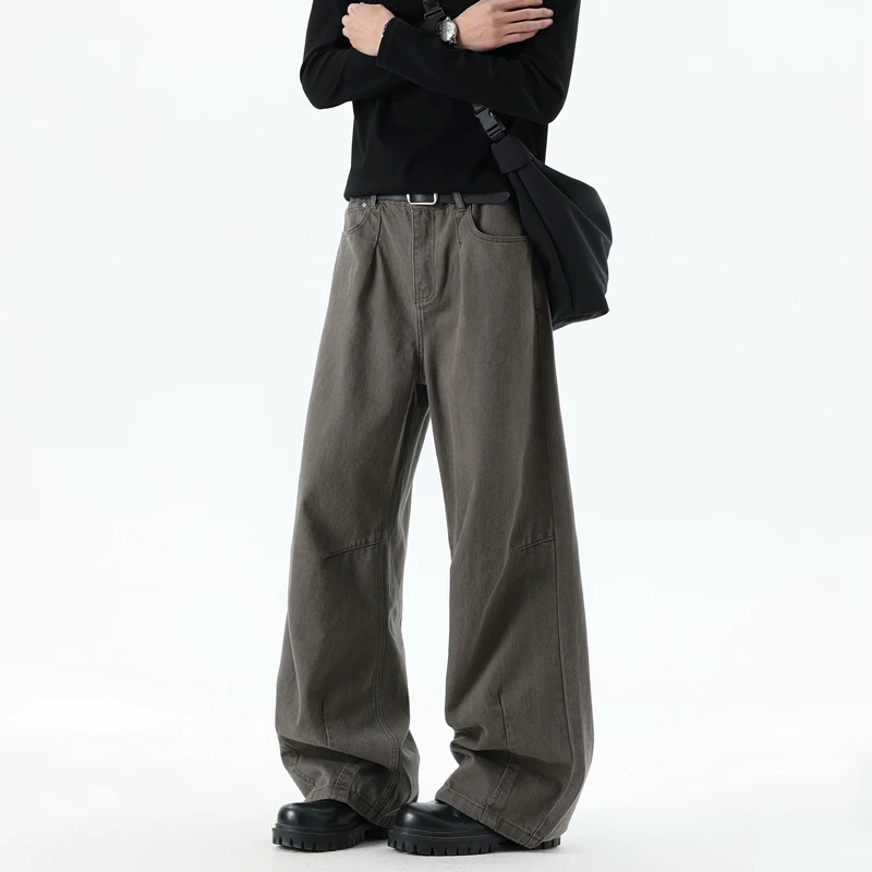 American Vintage Baggy Men's Jeans Wide Leg Denim Pants Deconstructed Workwear Loose Casual Trousers for Men Hip Hop Streetwear