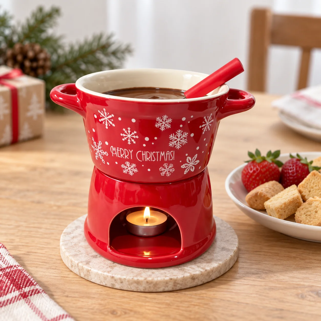 Christmas Ceramic Chocolate Fondue Set 300ml with Fork, Tea Light Warmer Pot for Dessert Dipping, Red or Brown