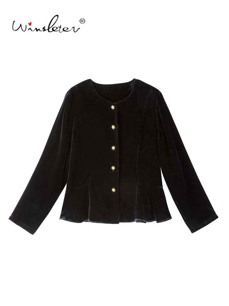 Winsleter-Silk Velvet Elegant Coat, O Neck Long Sleeve Solid, Women Vintage Design Sense Loose Suit, 2026 Autumn New C69766CC
