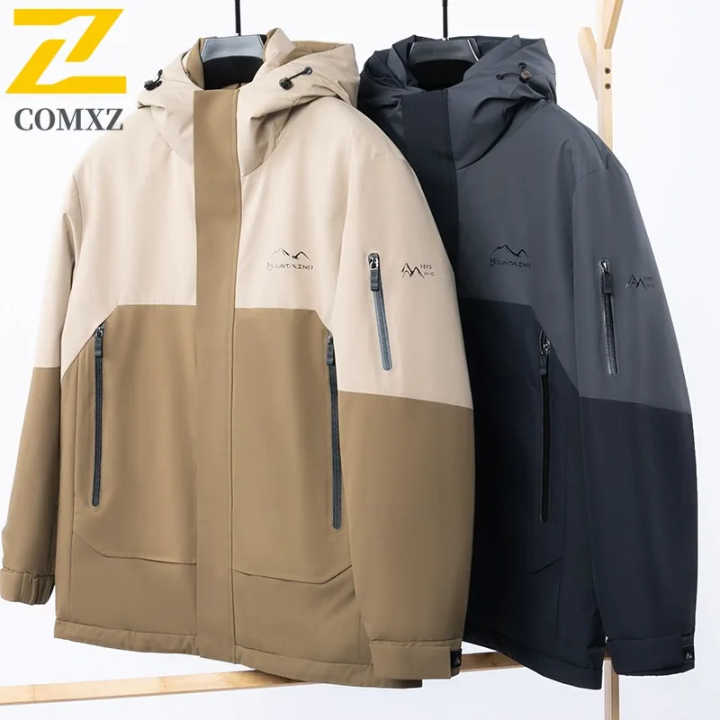 COMXZ Puffer Jacket Thick Warm Blocking Color Hooded Travel Winter Jacket Streetwear Cold-Resistant Padding Coat Men's Clothing