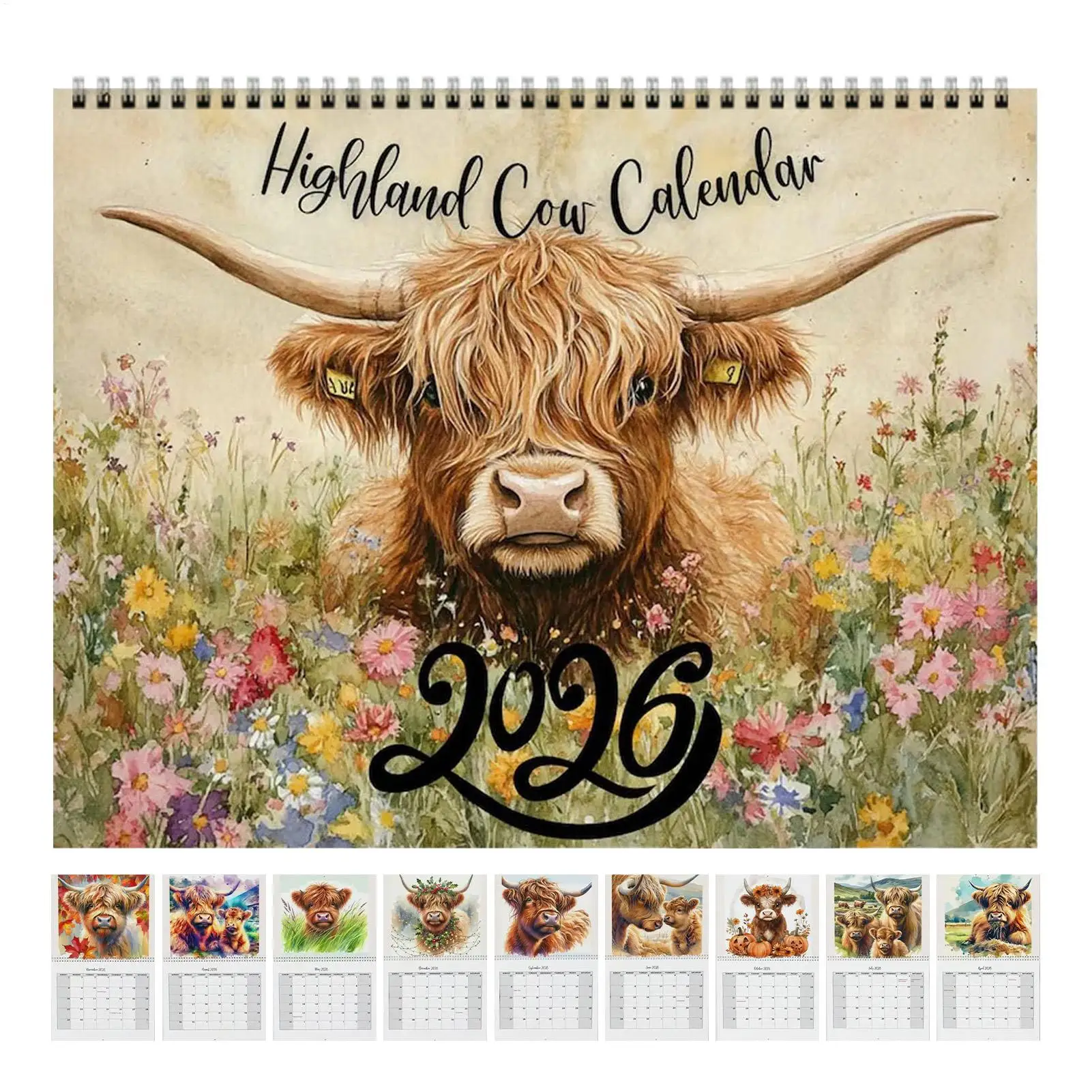 2026 Calendario da parete Calendario per bovini delle Highland Divertente mucca delle Highland Carta spessa Pianificatore mensile Decorazioni murali per la casa Regali di Capodanno