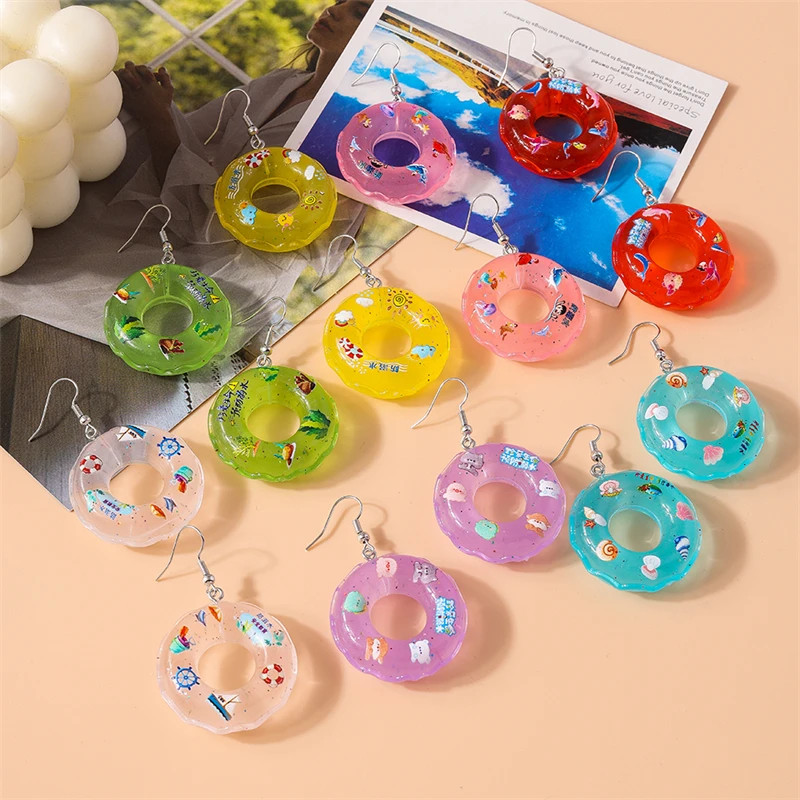 Fashion Candy Color Resin Swim Ring Drop Earrings for Women Girls Party Festival Jewelry Gifts