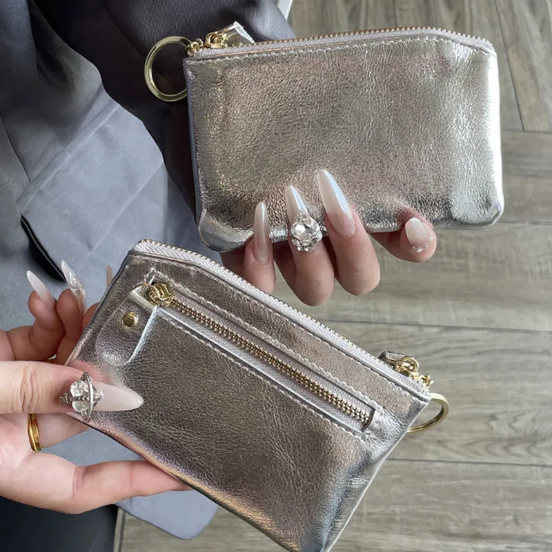 New Silver Genuine Leather Coin Wallet Purse Small Card Holder Coin Bag Pouch with Keychain  Zipper Cute Wallet for Women