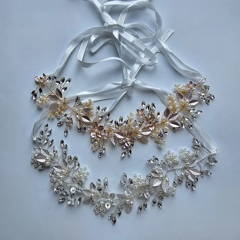 

SLBRIDAL Handmade Rhinestones Crystal Pearls Alloy Floral Leaf Bridal Wedding Headband Headpieces Women Jewelry Hair accessories