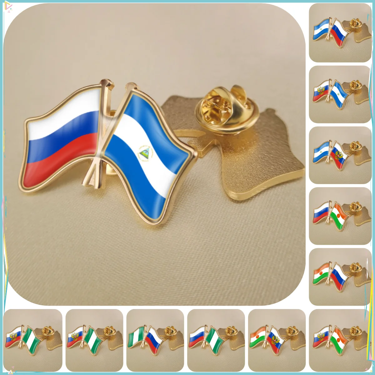 Russian Federation and Nicaragua Niger Nigeria Double Crossed Friendship Flags Brooches Lapel Pins Badges