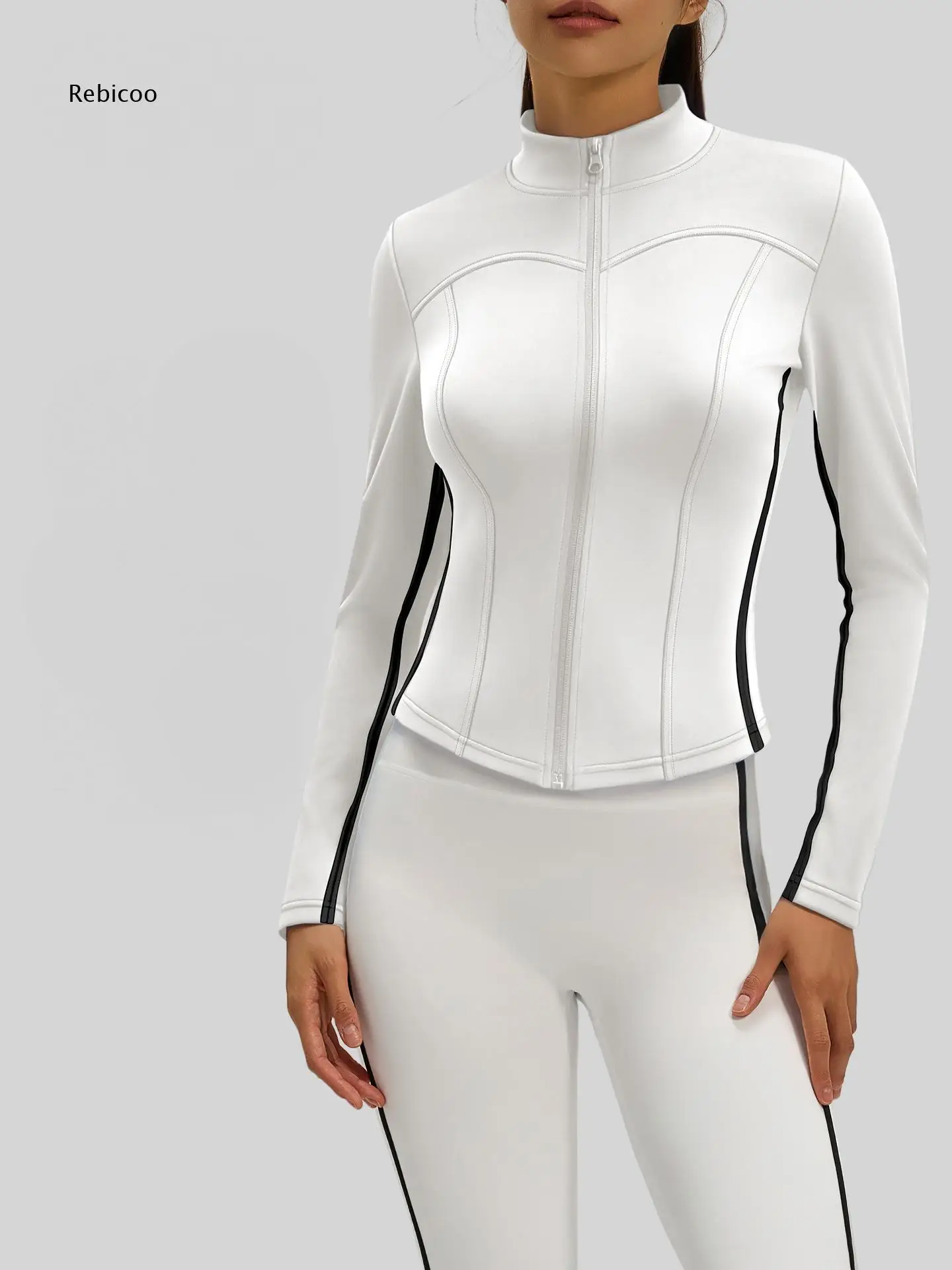 Full Zip Stand Collar Active Jacket For Women Long Sleeve Contrast Side Piping Slim Cropped Top For Gym Jogging Fitness Wear